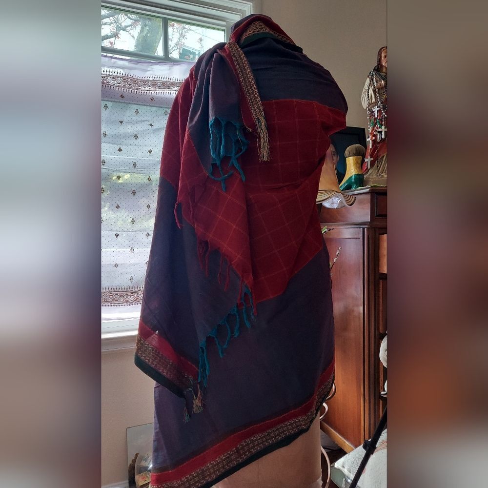 Large Shawl Wrap Deep Rich Colors Gold Trim 7 ft long